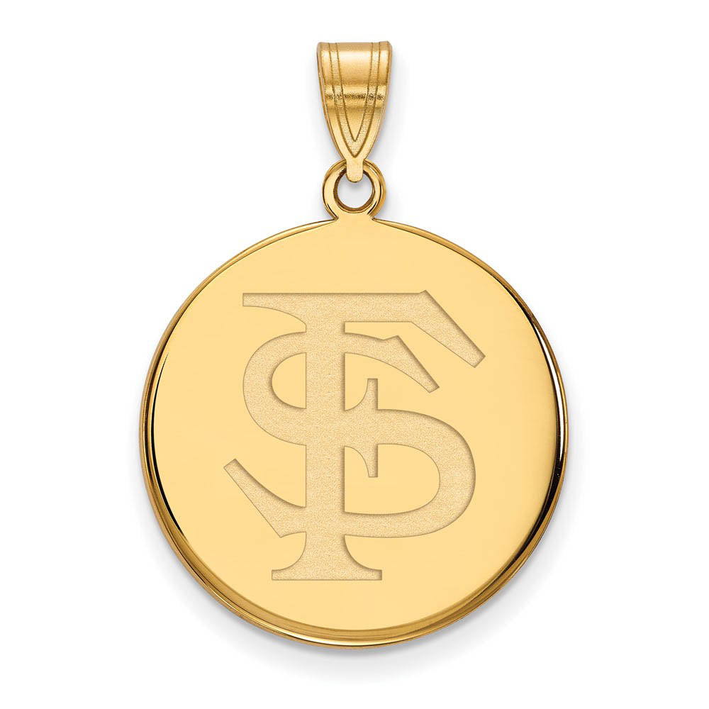 14k Gold Plated Silver Florida State Large 'FS' Disc Pendant, Item P17685 by The Black Bow Jewelry Co.