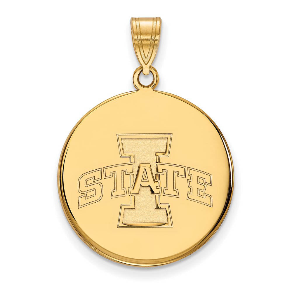 14k Gold Plated Silver Iowa State Large 'I STATE' Disc Pendant, Item P17686 by The Black Bow Jewelry Co.