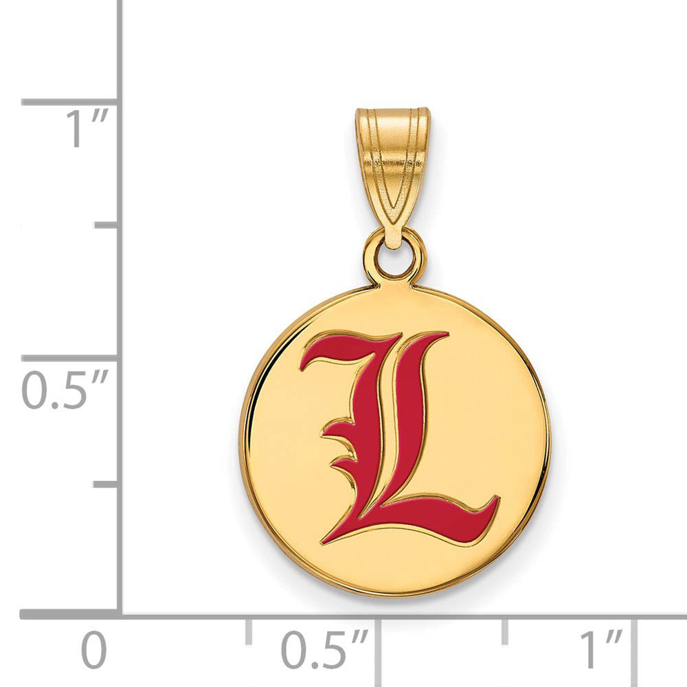 Alternate view of the 14k Gold Plated Silver U of Louisville Medium Enamel Disc Pendant by The Black Bow Jewelry Co.