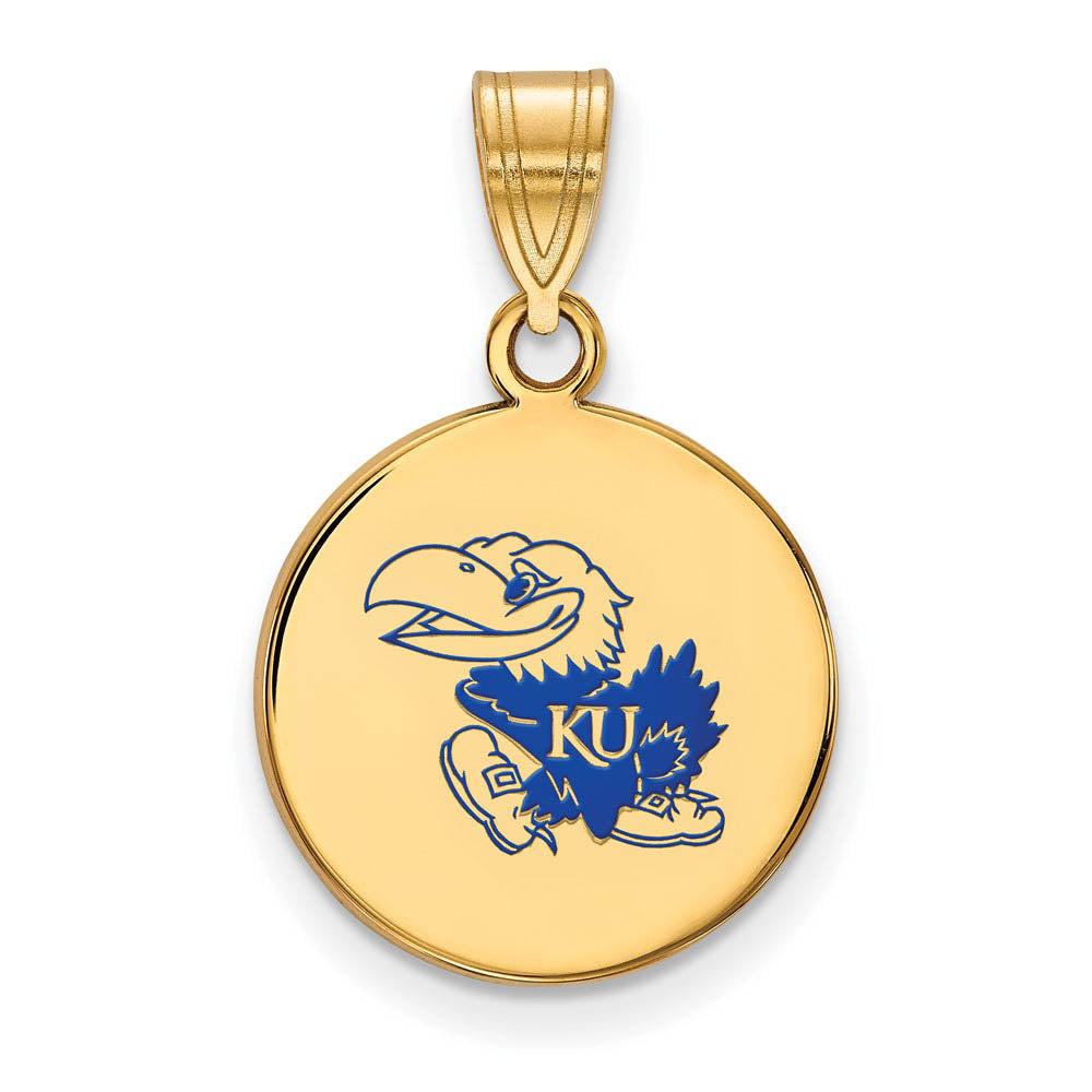 14k Gold Plated Silver U. of Kansas Med Enamel Disc Pendant, Item P18492 by The Black Bow Jewelry Co.