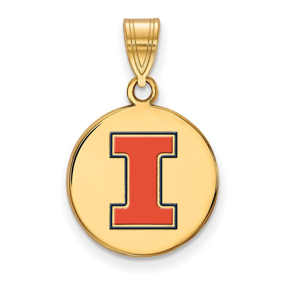 14k Gold Plated Silver U. of Illinois Med Enamel 'I' Disc Pendant, Item P18504 by The Black Bow Jewelry Co.