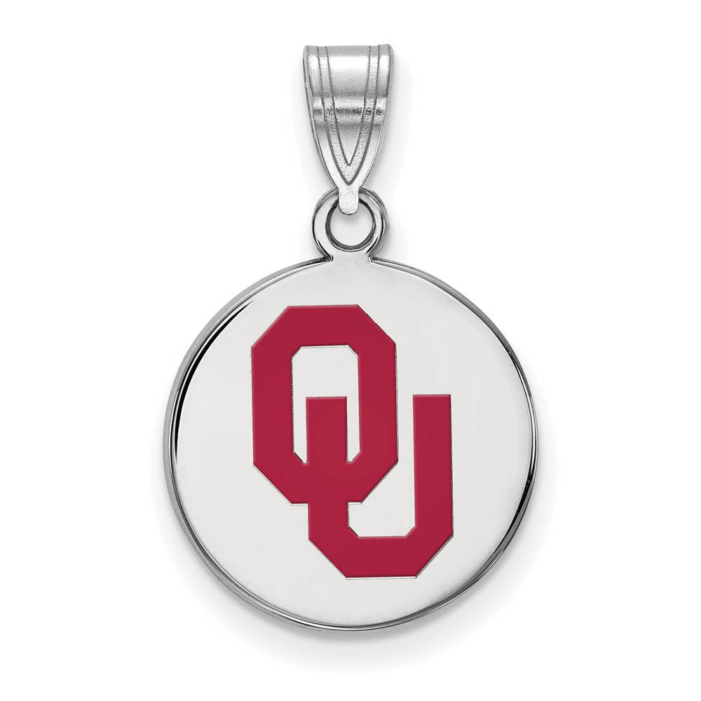 Sterling Silver U. of Oklahoma Medium Enamel 'OU' Disc Pendant, Item P18541 by The Black Bow Jewelry Co.
