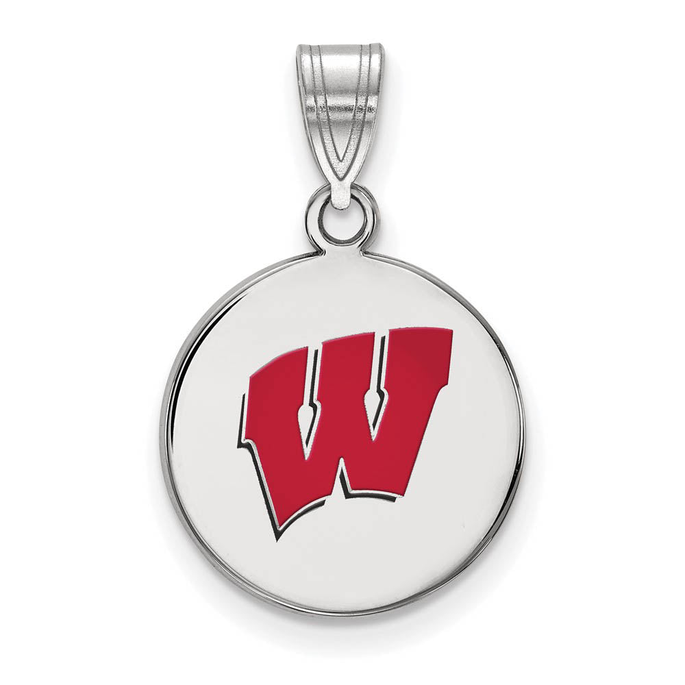 Sterling Silver U. of Wisconsin Medium 'W' Enamel Disc Pendant, Item P18560 by The Black Bow Jewelry Co.