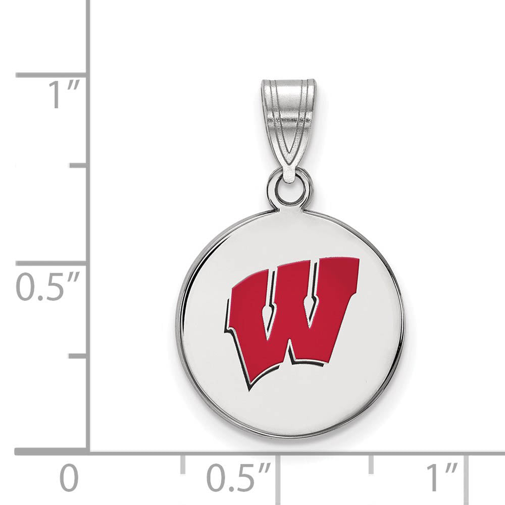 Alternate view of the Sterling Silver U. of Wisconsin Medium 'W' Enamel Disc Pendant by The Black Bow Jewelry Co.