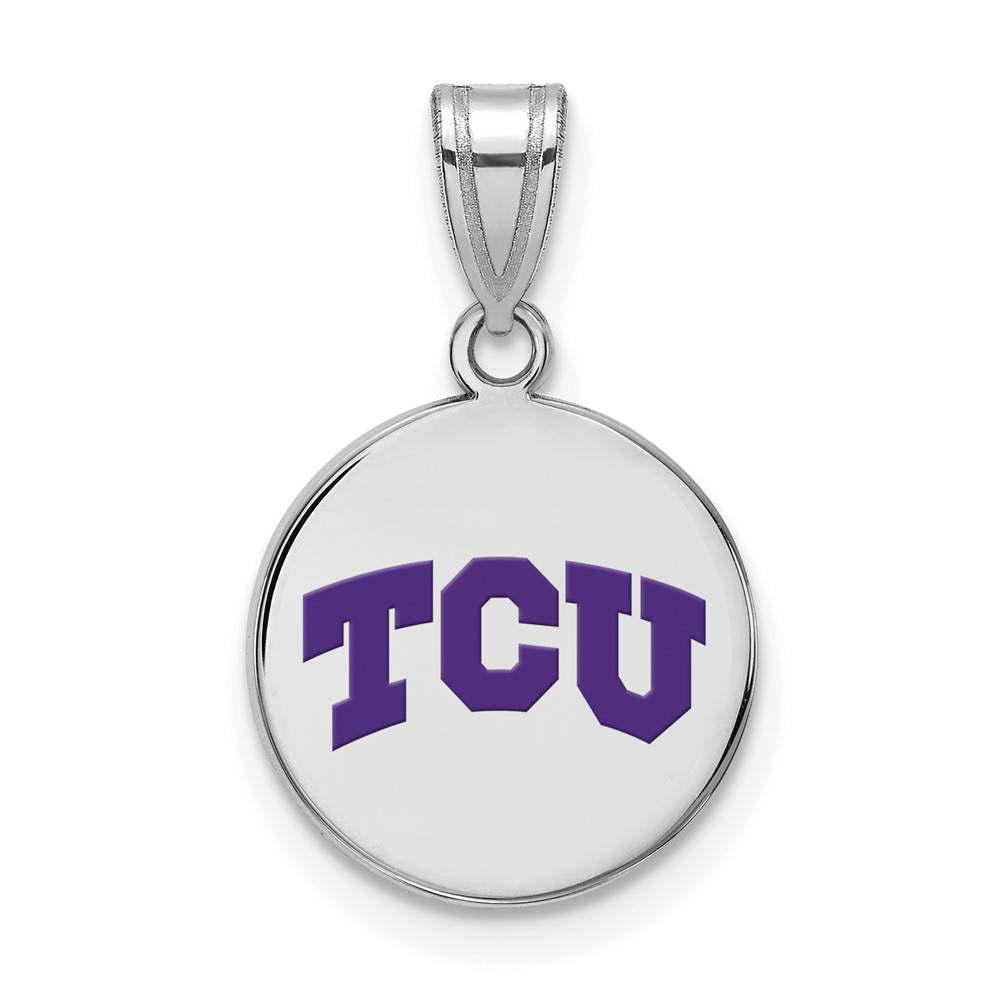 Sterling Silver Texas Christian U. Medium Enamel Disc Pendant, Item P18565 by The Black Bow Jewelry Co.