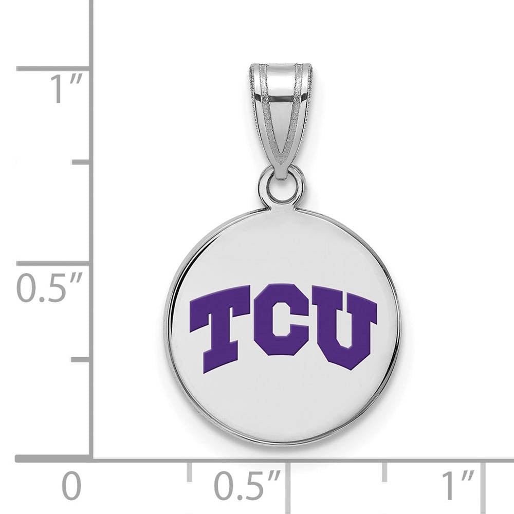 Alternate view of the Sterling Silver Texas Christian U. Medium Enamel Disc Pendant by The Black Bow Jewelry Co.