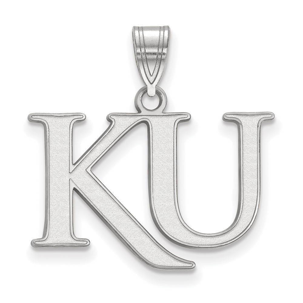 10k White Gold U. of Kansas Medium 'KU' Pendant, Item P18713 by The Black Bow Jewelry Co.