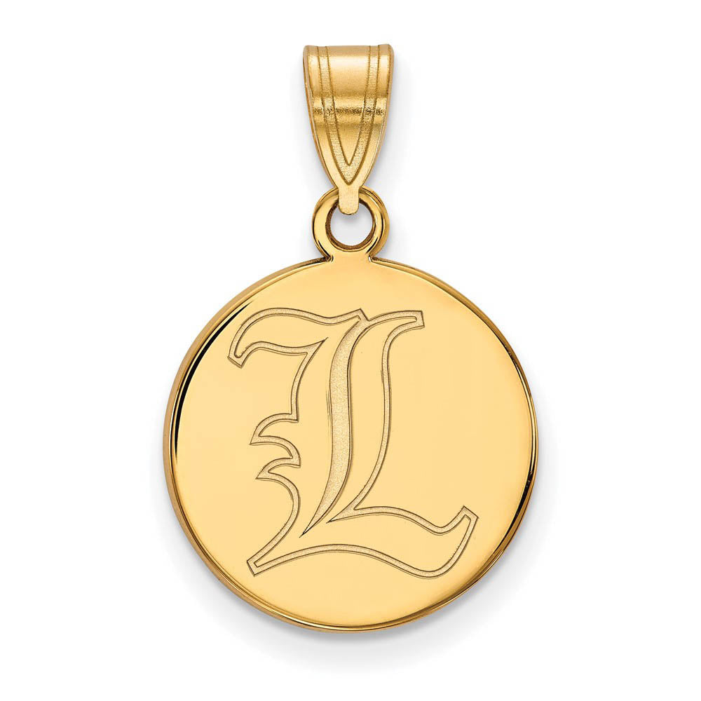 10k Yellow Gold U. of Louisville Medium Disc Pendant, Item P18822 by The Black Bow Jewelry Co.