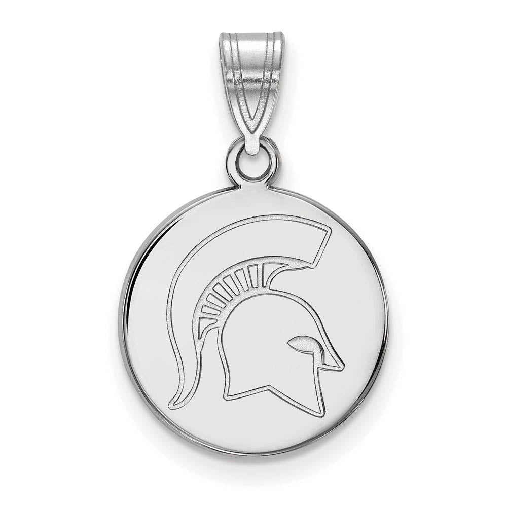 14k White Gold Michigan State Medium Logo Disc Pendant, Item P19035 by The Black Bow Jewelry Co.