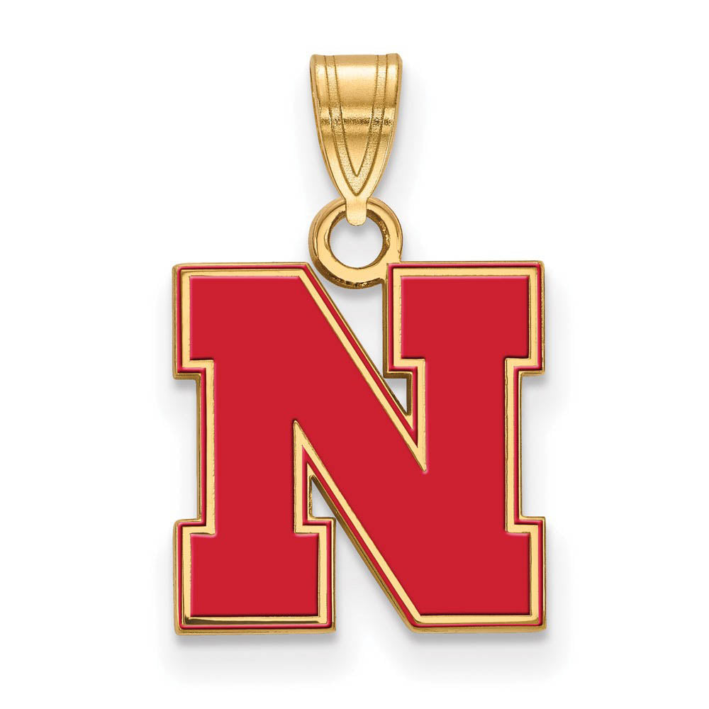 14k Gold Plated Silver U. of Nebraska Small Enamel 'N' Pendant, Item P19715 by The Black Bow Jewelry Co.