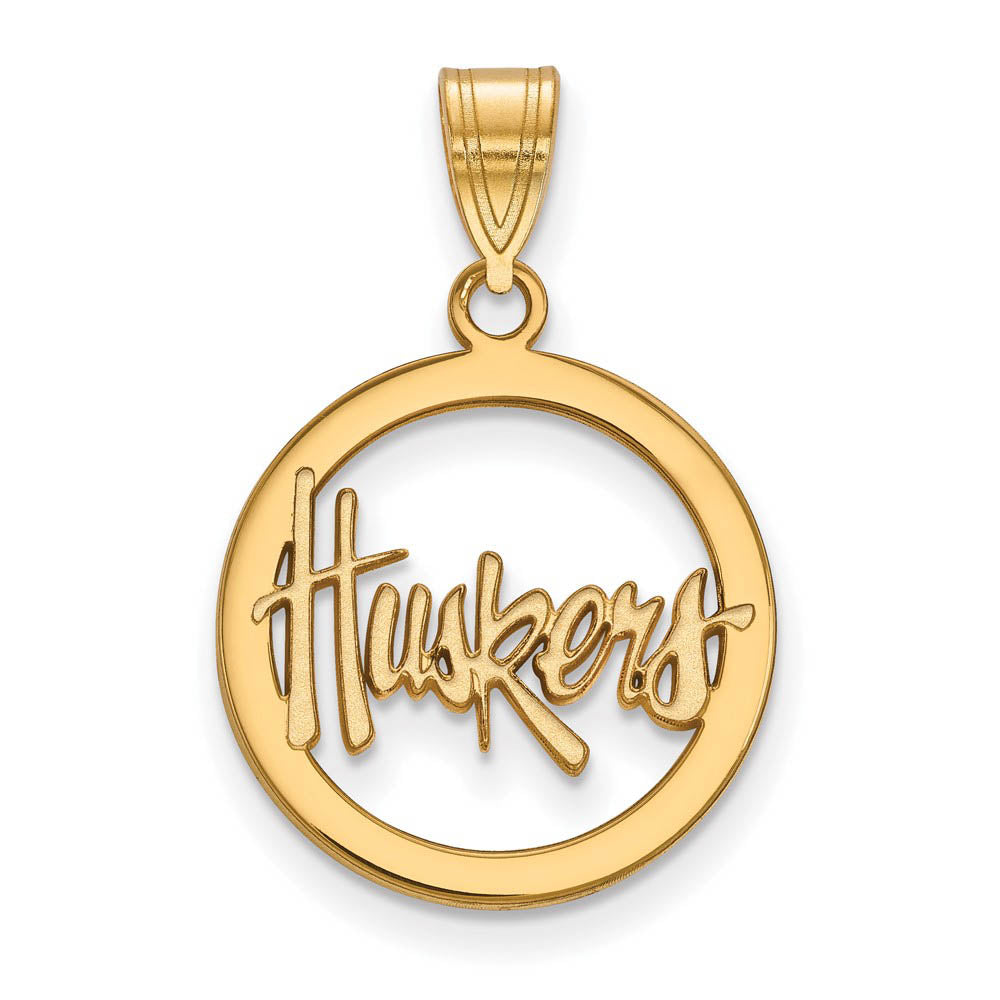 14k Gold Plated Silver U. of Nebraska Small Circle 'Huskers' Pendant, Item P20872 by The Black Bow Jewelry Co.
