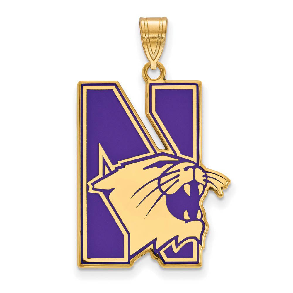 14k Gold Plated Silver Northwestern U. XL Enamel Pendant, Item P21294 by The Black Bow Jewelry Co.