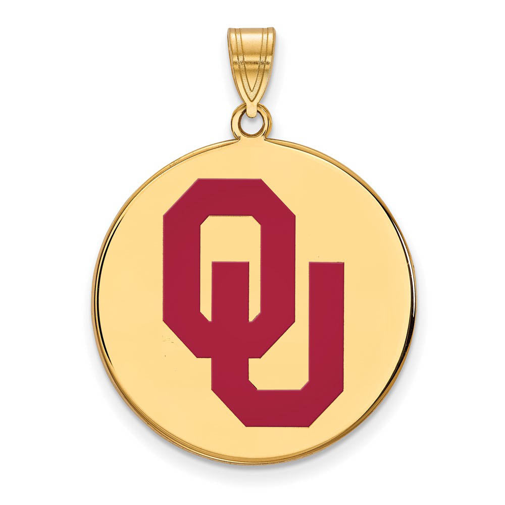 14k Gold Plated Silver U. of Oklahoma XL Enamel 'OU' Disc Pendant, Item P21307 by The Black Bow Jewelry Co.