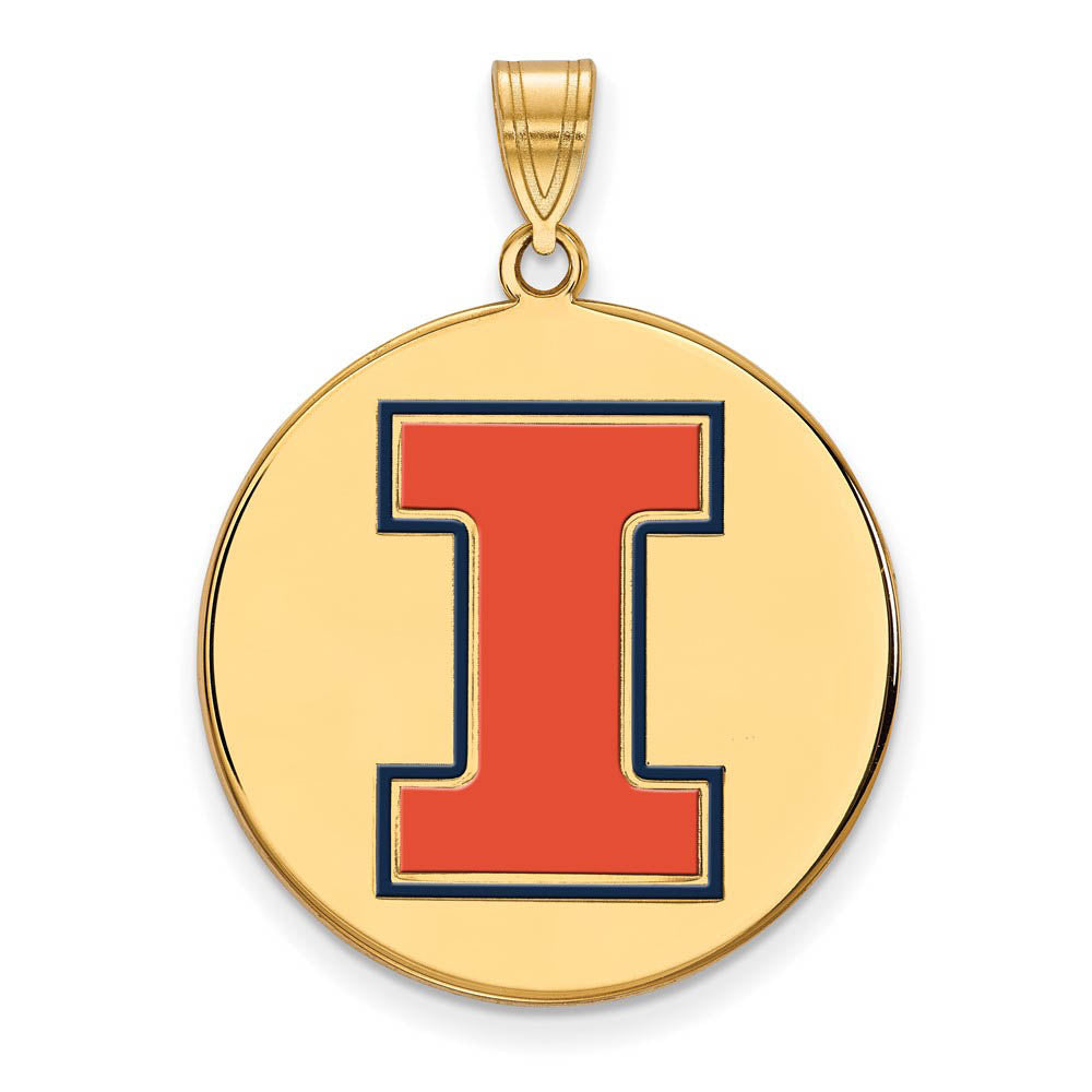 14k Gold Plated Silver U. of Illinois XL Enamel 'I' Disc Pendant, Item P21320 by The Black Bow Jewelry Co.