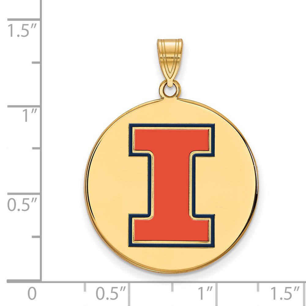 Alternate view of the 14k Gold Plated Silver U. of Illinois XL Enamel 'I' Disc Pendant by The Black Bow Jewelry Co.