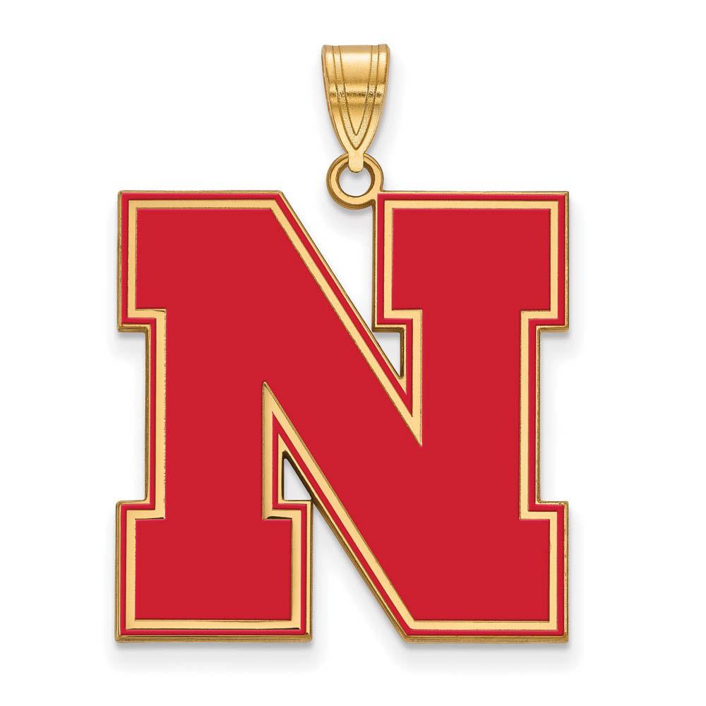 14k Gold Plated Silver U. of Nebraska XL Enamel Pendant, Item P21339 by The Black Bow Jewelry Co.