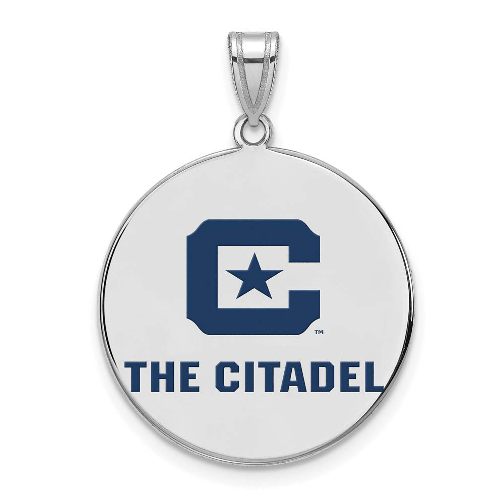 Rhodium Plated Sterling Silver The Citadel XL Enamel Logo Disc Pendant, Item P21412 by The Black Bow Jewelry Co.