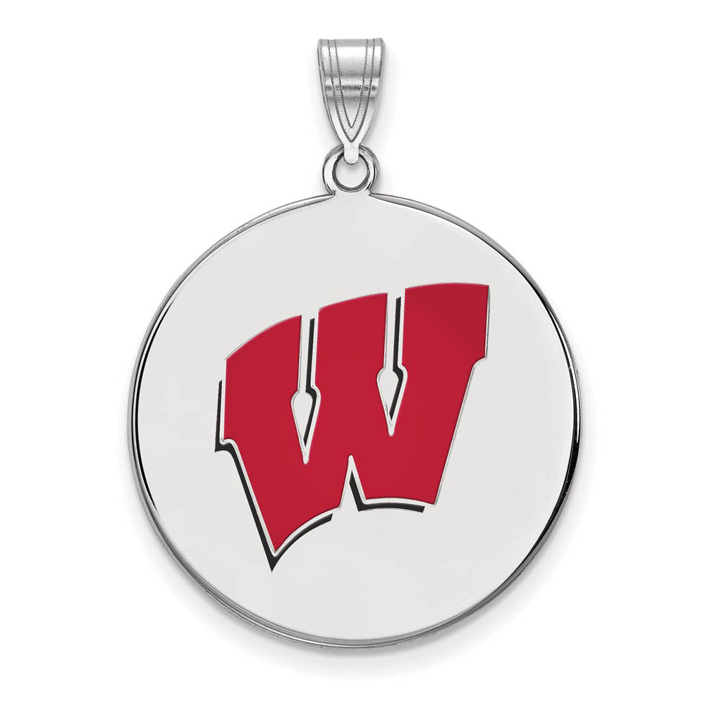 Sterling Silver U. of Wisconsin XL Enamel 'W' Disc Pendant, Item P21475 by The Black Bow Jewelry Co.