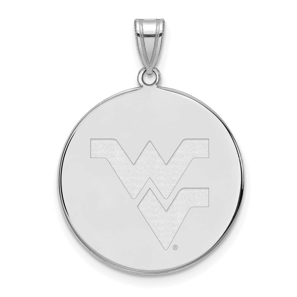 10k White Gold West Virginia U. XL Logo Disc Pendant, Item P21654 by The Black Bow Jewelry Co.