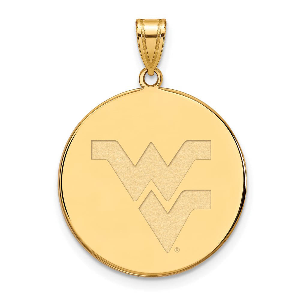 14k Yellow Gold West Virginia U. XL Logo Disc Pendant, Item P22238 by The Black Bow Jewelry Co.