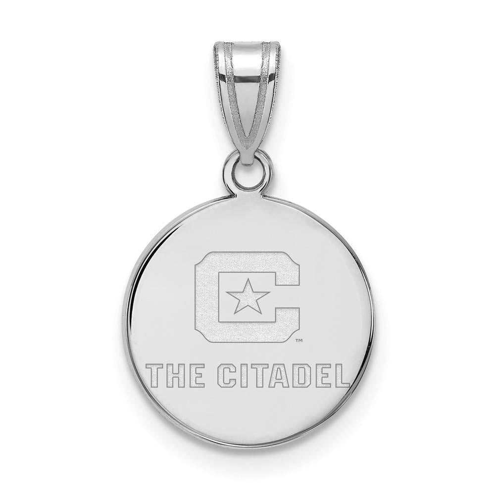 10K White Gold The Citadel Medium Logo Disc Pendant, Item P23350 by The Black Bow Jewelry Co.