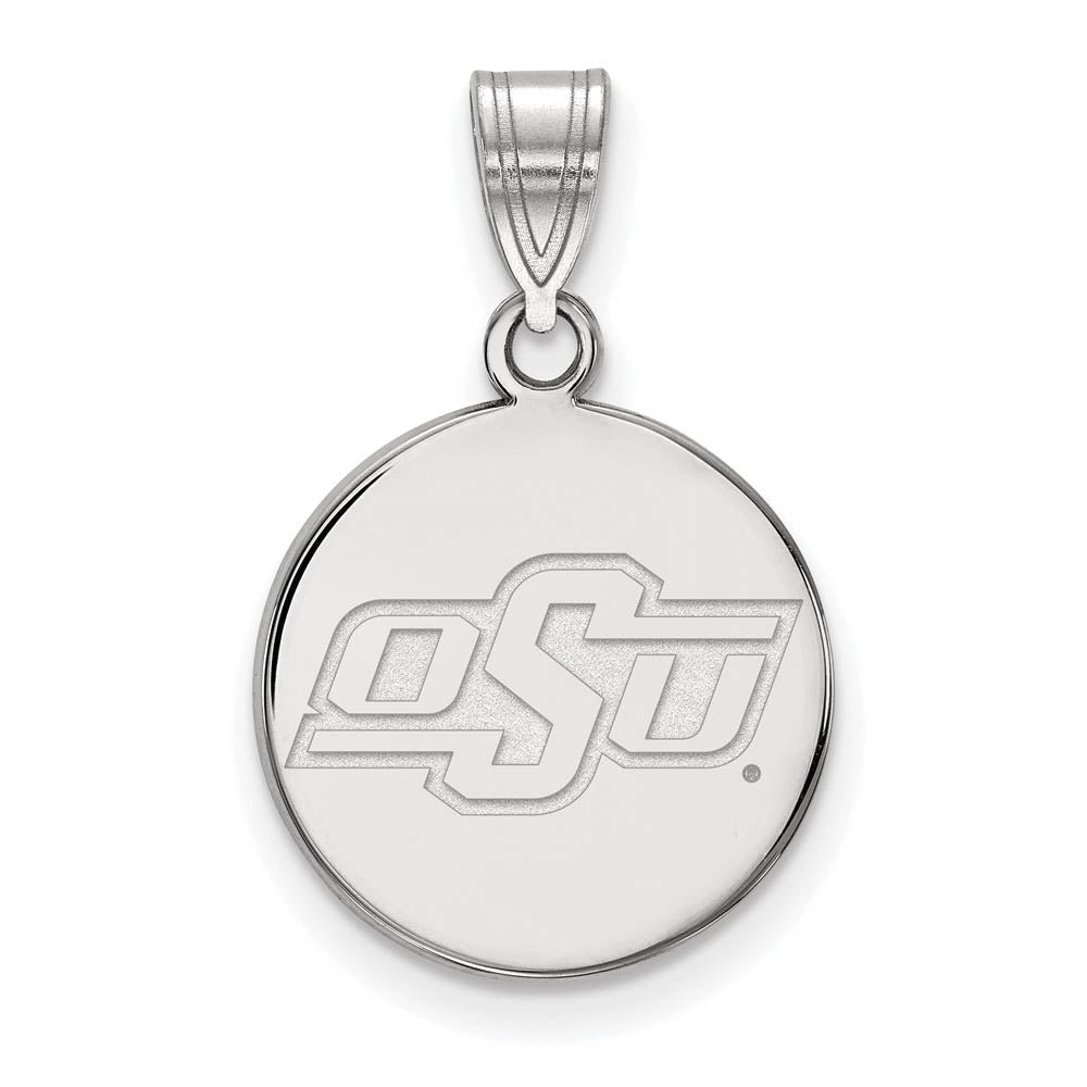 10k White Gold Oklahoma State Small Disc Pendant, Item P23487 by The Black Bow Jewelry Co.