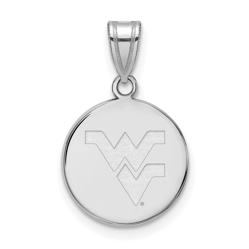 10k White Gold West Virginia U. Medium Logo Disc Pendant, Item P23508 by The Black Bow Jewelry Co.