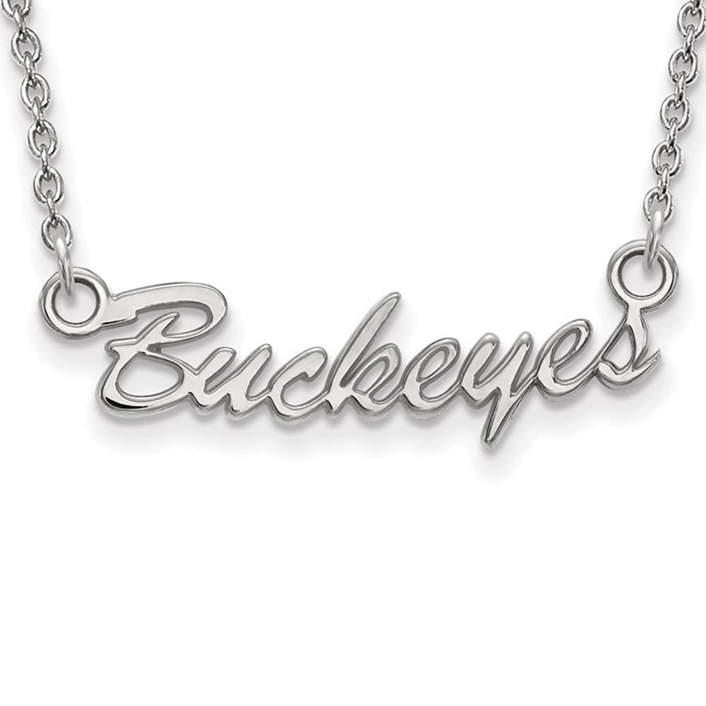 10k White Gold Ohio State Small Script Pendant Necklace, Item P23666 by The Black Bow Jewelry Co.