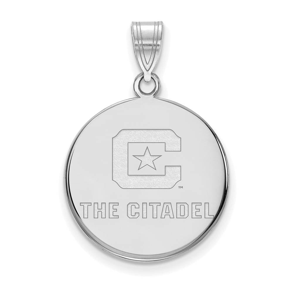 14K White Gold The Citadel Large Logo Disc Pendant, Item P23963 by The Black Bow Jewelry Co.