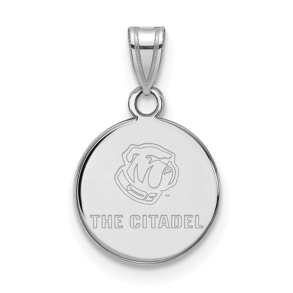 14K White Gold The Citadel Small Bulldogs Disc Pendant, Item P24092 by The Black Bow Jewelry Co.