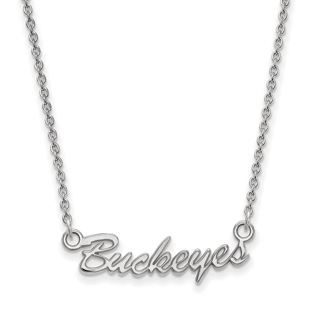 14k White Gold Ohio State Small Script Pendant Necklace, Item P24408 by The Black Bow Jewelry Co.