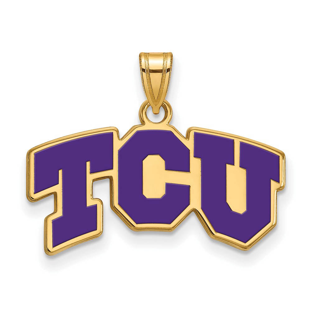 14k Gold Plated Silver Texas Christian U. Small Enamel 'TCU' Pendant, Item P24852 by The Black Bow Jewelry Co.