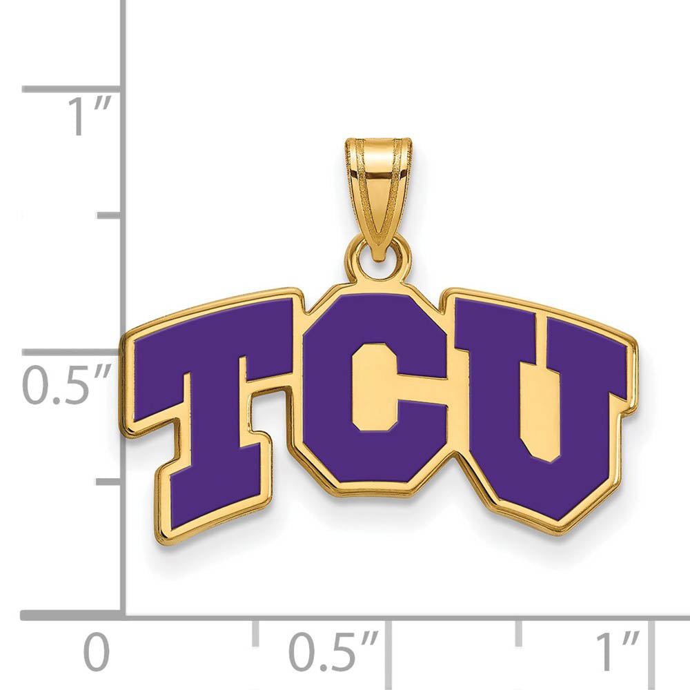 Alternate view of the 14k Gold Plated Silver Texas Christian U. Small Enamel 'TCU' Pendant by The Black Bow Jewelry Co.