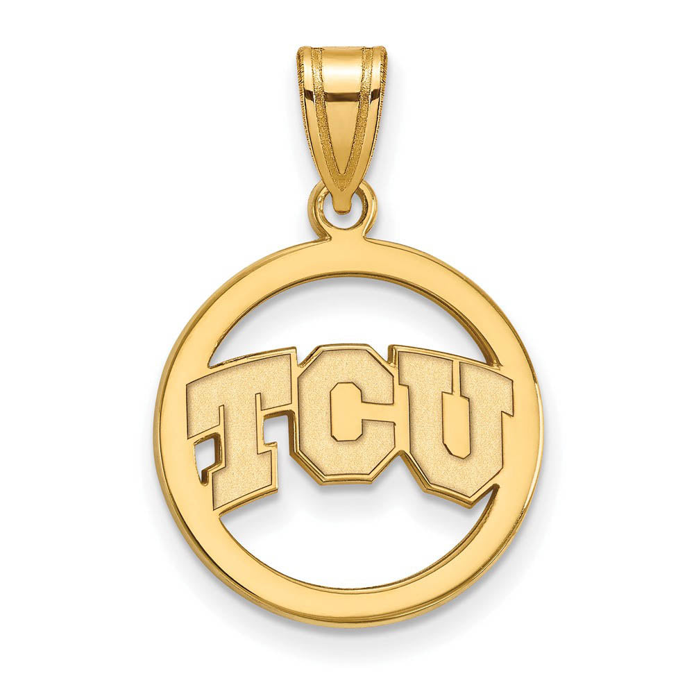 14k Gold Plated Silver Texas Christian U. Small Circle Pendant, Item P24879 by The Black Bow Jewelry Co.