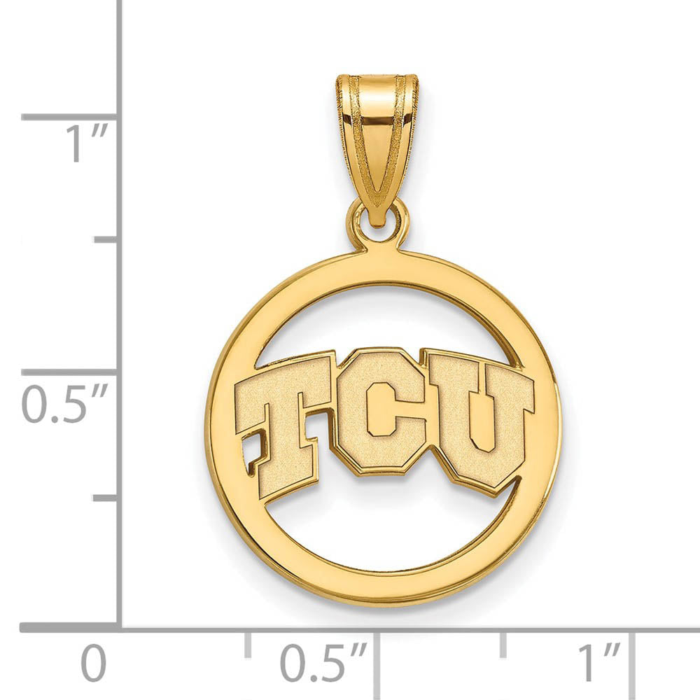 Alternate view of the 14k Gold Plated Silver Texas Christian U. Small Circle Pendant by The Black Bow Jewelry Co.