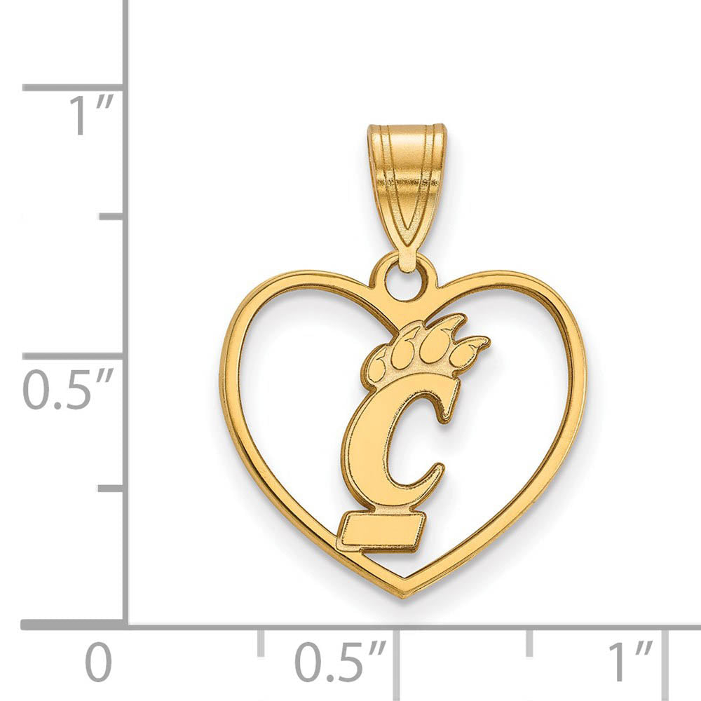 Alternate view of the 14k Gold Plated Silver U. of Cincinnati Heart Pendant by The Black Bow Jewelry Co.