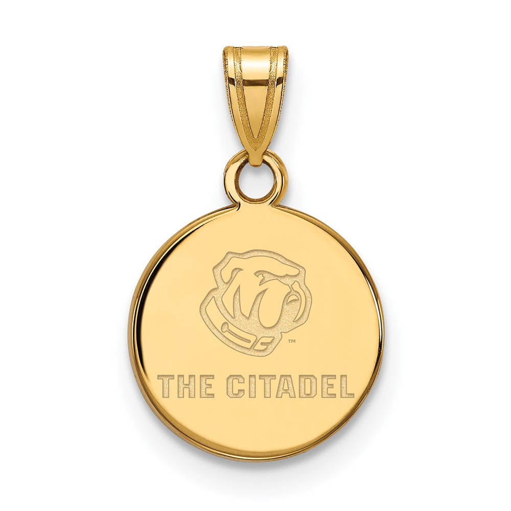 14K Yellow Gold Plated S. Silver The Citadel SM Bulldogs Disc Pendant, Item P24976 by The Black Bow Jewelry Co.