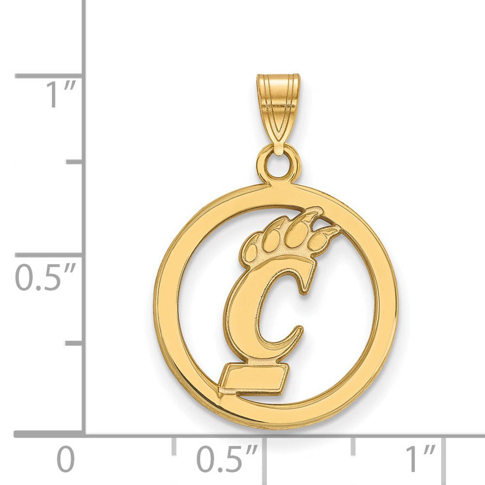 Alternate view of the 14k Gold Plated Silver U. of Cincinnati Small Circle Pendant by The Black Bow Jewelry Co.