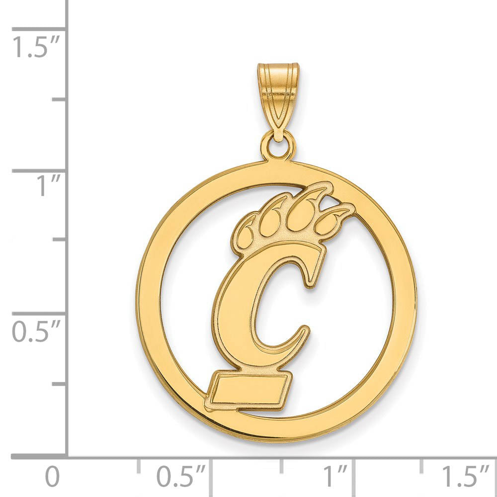 Alternate view of the 14k Gold Plated Silver U. of Cincinnati XL Circle Pendant by The Black Bow Jewelry Co.