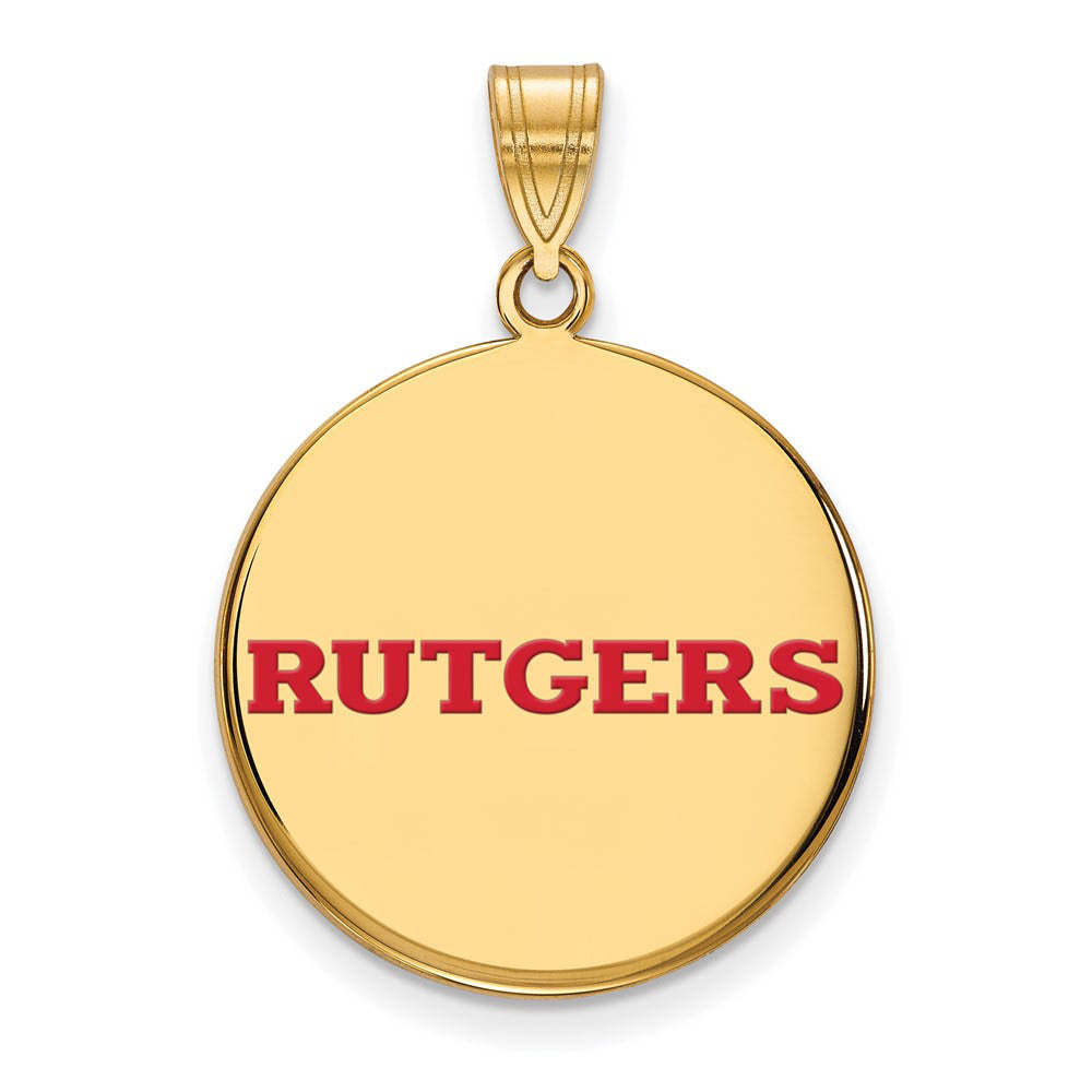 14k Gold Plated Silver Rutgers Large Enamel Script Disc Pendant, Item P25100 by The Black Bow Jewelry Co.