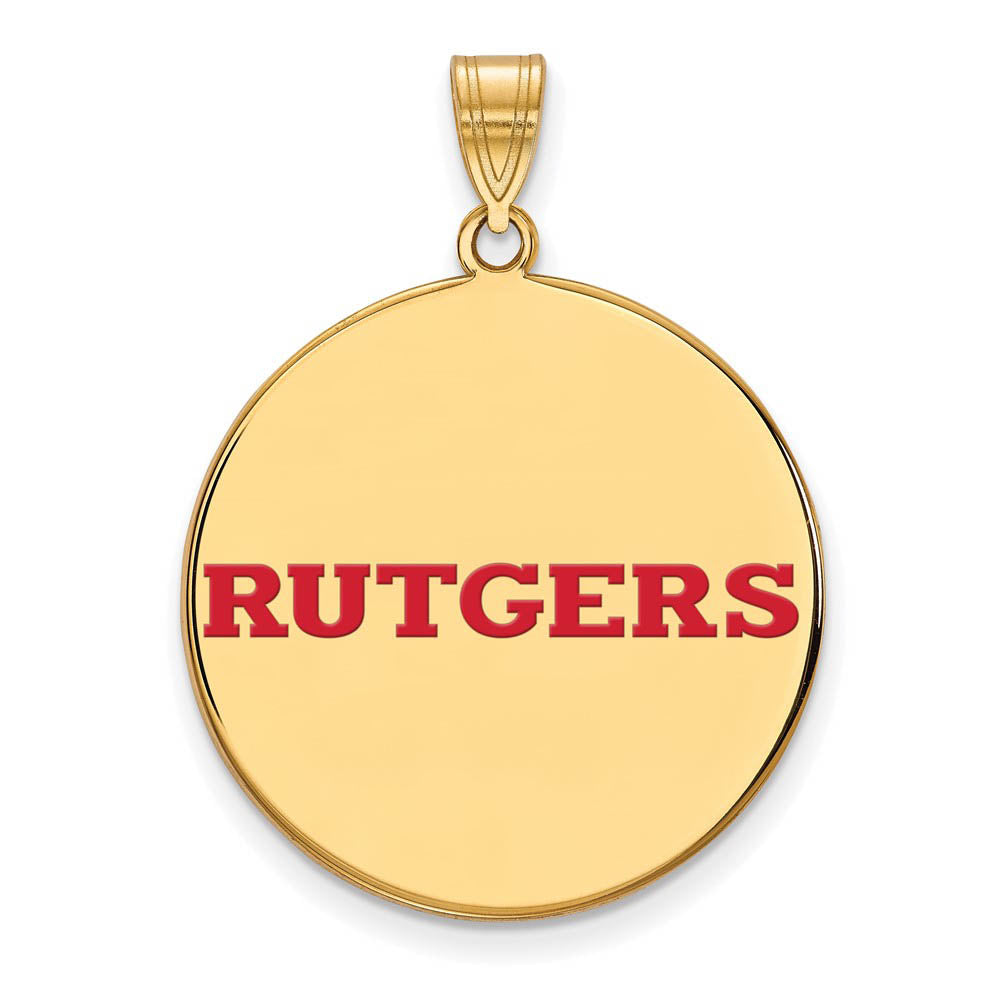 14k Gold Plated Silver Rutgers XL Enamel Script Disc Pendant, Item P25117 by The Black Bow Jewelry Co.