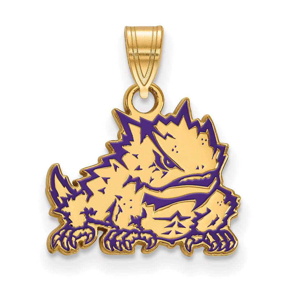 14k Gold Plated Silver Texas Christian U. Small Enamel Pendant, Item P25119 by The Black Bow Jewelry Co.