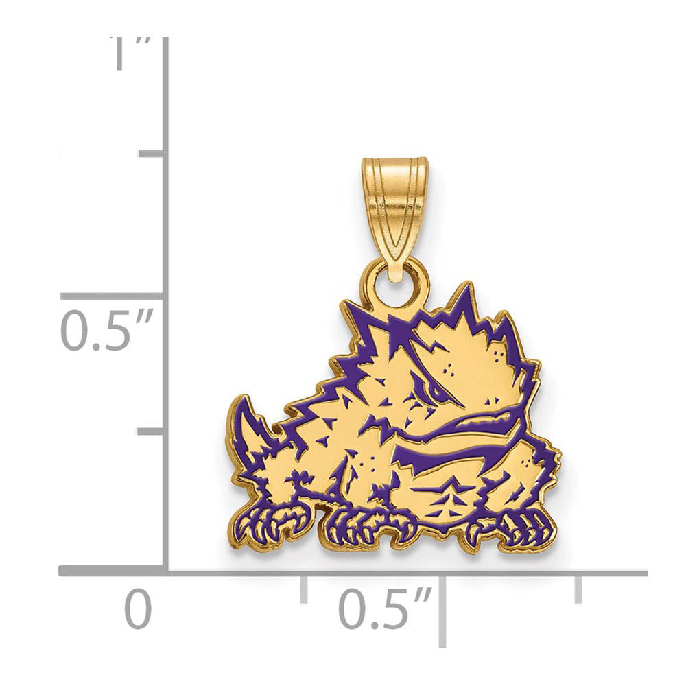 Alternate view of the 14k Gold Plated Silver Texas Christian U. Small Enamel Pendant by The Black Bow Jewelry Co.