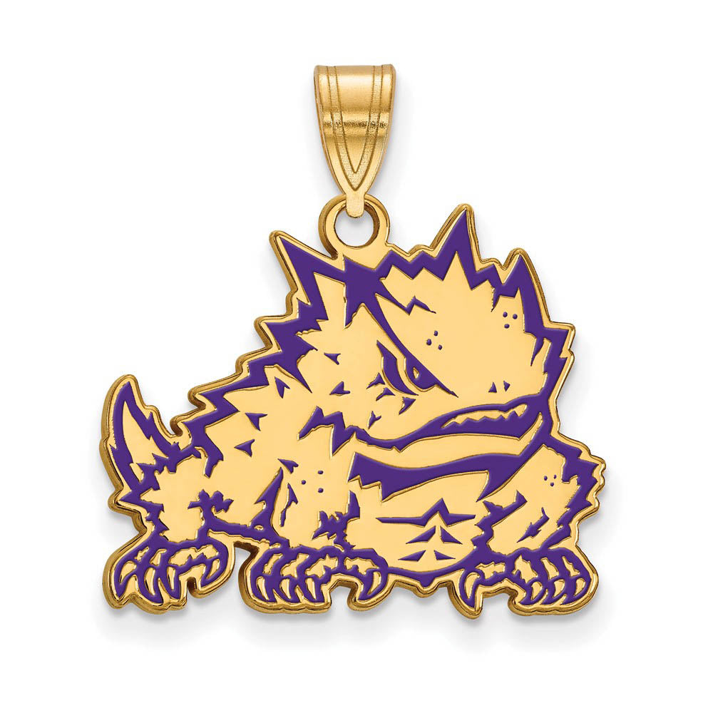14k Gold Plated Silver Texas Christian U. Large Enamel Pendant, Item P25137 by The Black Bow Jewelry Co.
