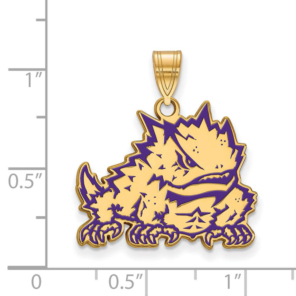 Alternate view of the 14k Gold Plated Silver Texas Christian U. Large Enamel Pendant by The Black Bow Jewelry Co.