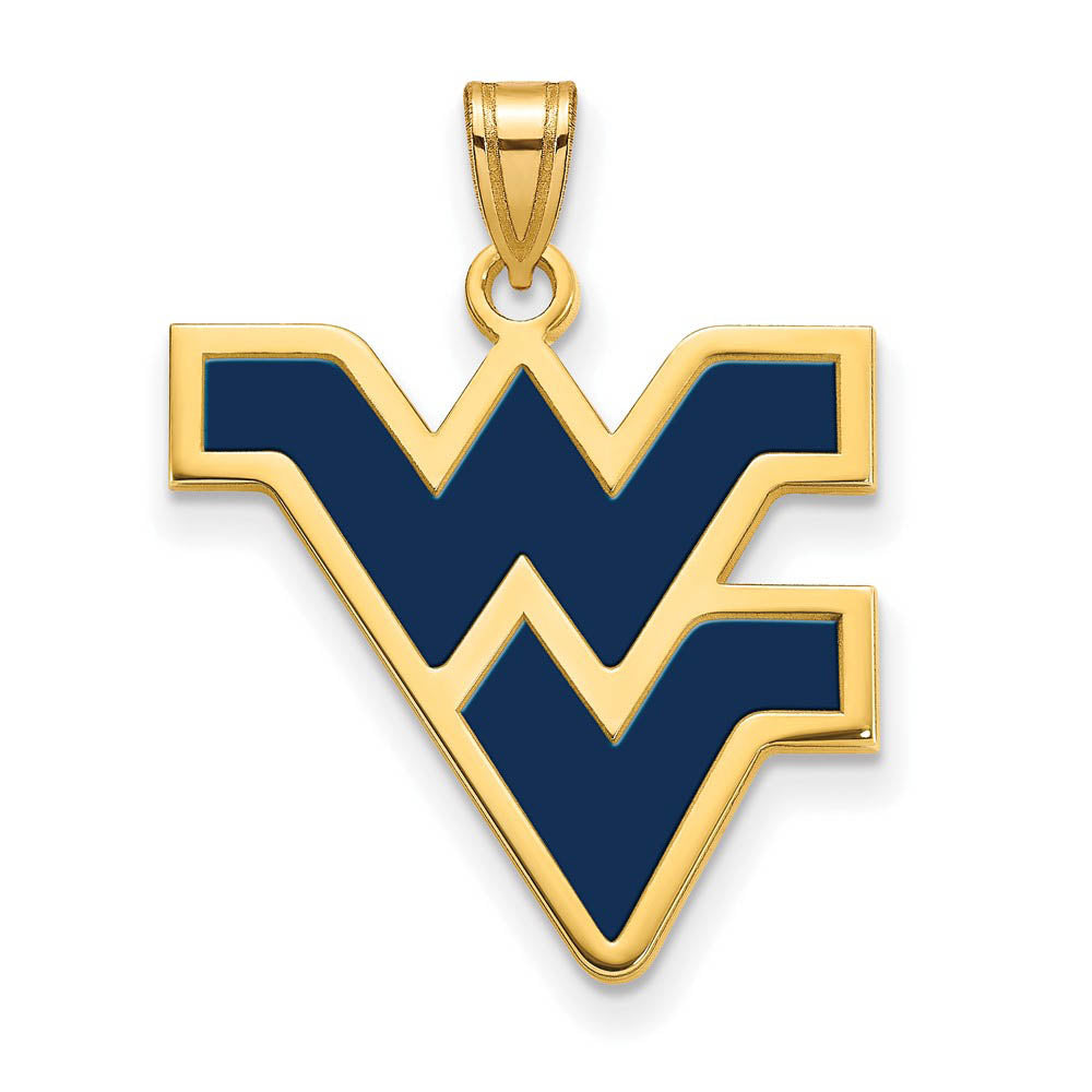 14k Gold Plated Silver West Virginia U. Large Enamel Logo Pendant, Item P25193 by The Black Bow Jewelry Co.