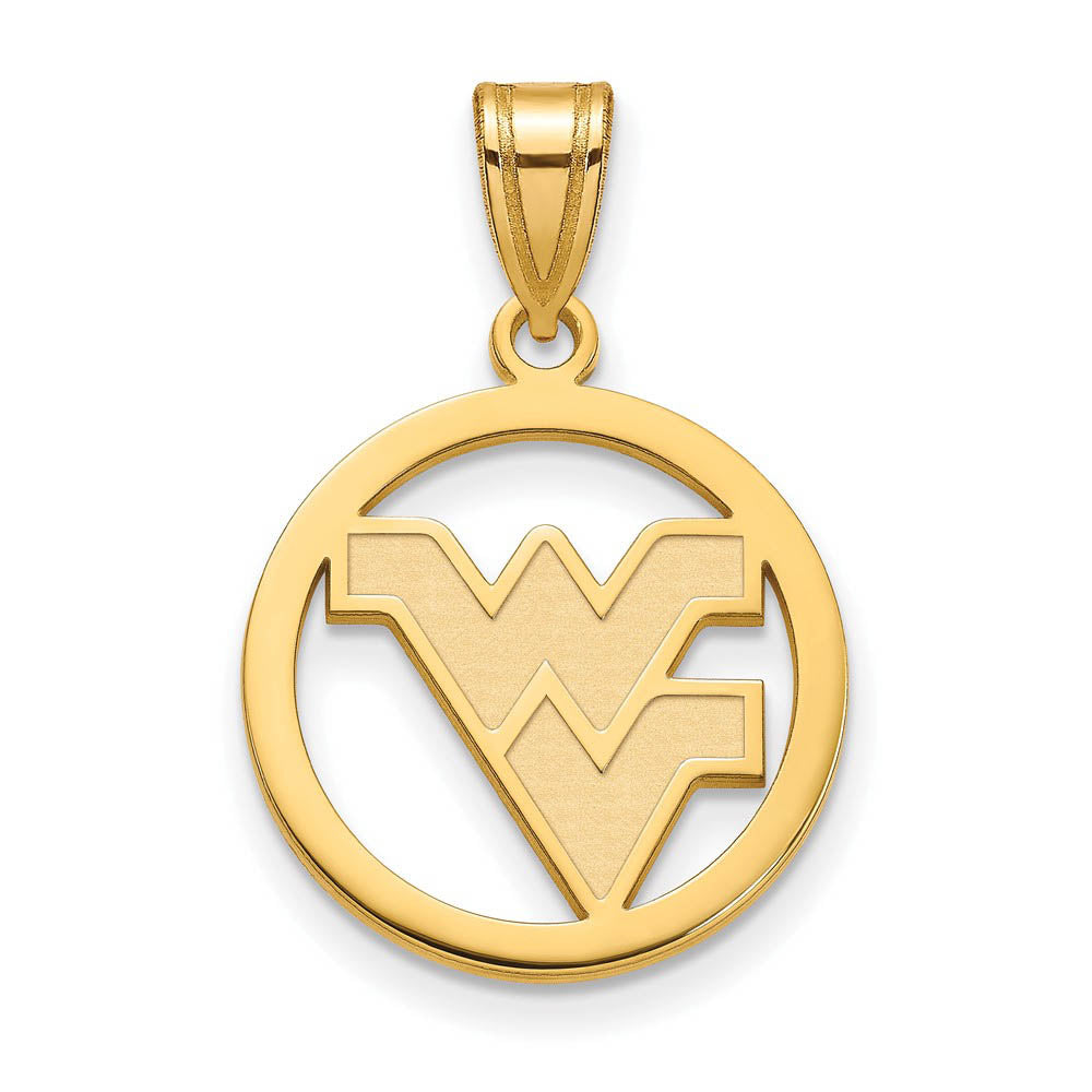 14k Gold Plated Silver West Virginia U. Small Circle Pendant, Item P25212 by The Black Bow Jewelry Co.