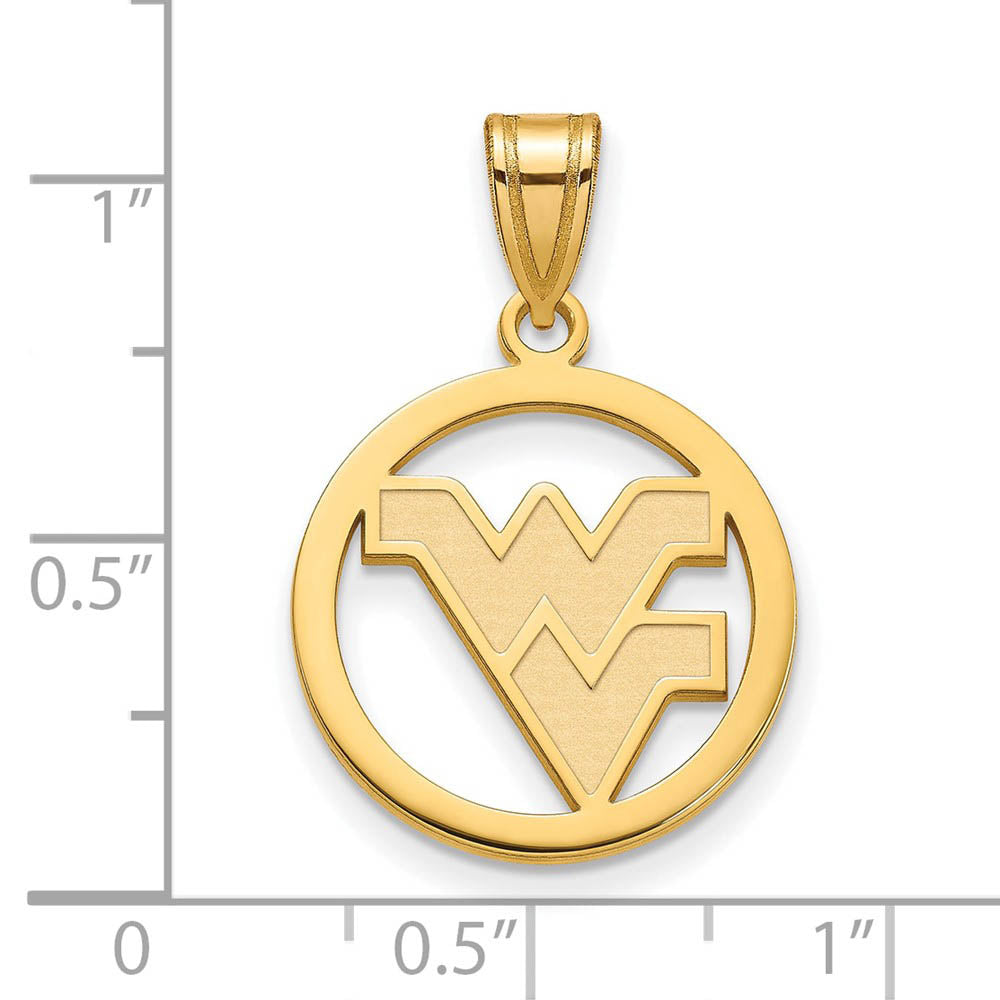 Alternate view of the 14k Gold Plated Silver West Virginia U. Small Circle Pendant by The Black Bow Jewelry Co.