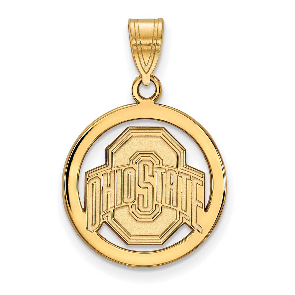 14k Gold Plated Silver Ohio State Small Circle Pendant, Item P25216 by The Black Bow Jewelry Co.