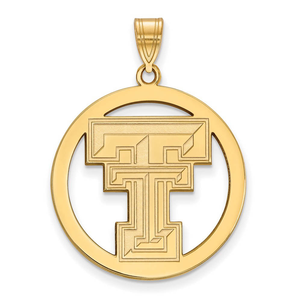 14k Gold Plated Silver Texas Tech U. XL Circle Pendant, Item P25219 by The Black Bow Jewelry Co.